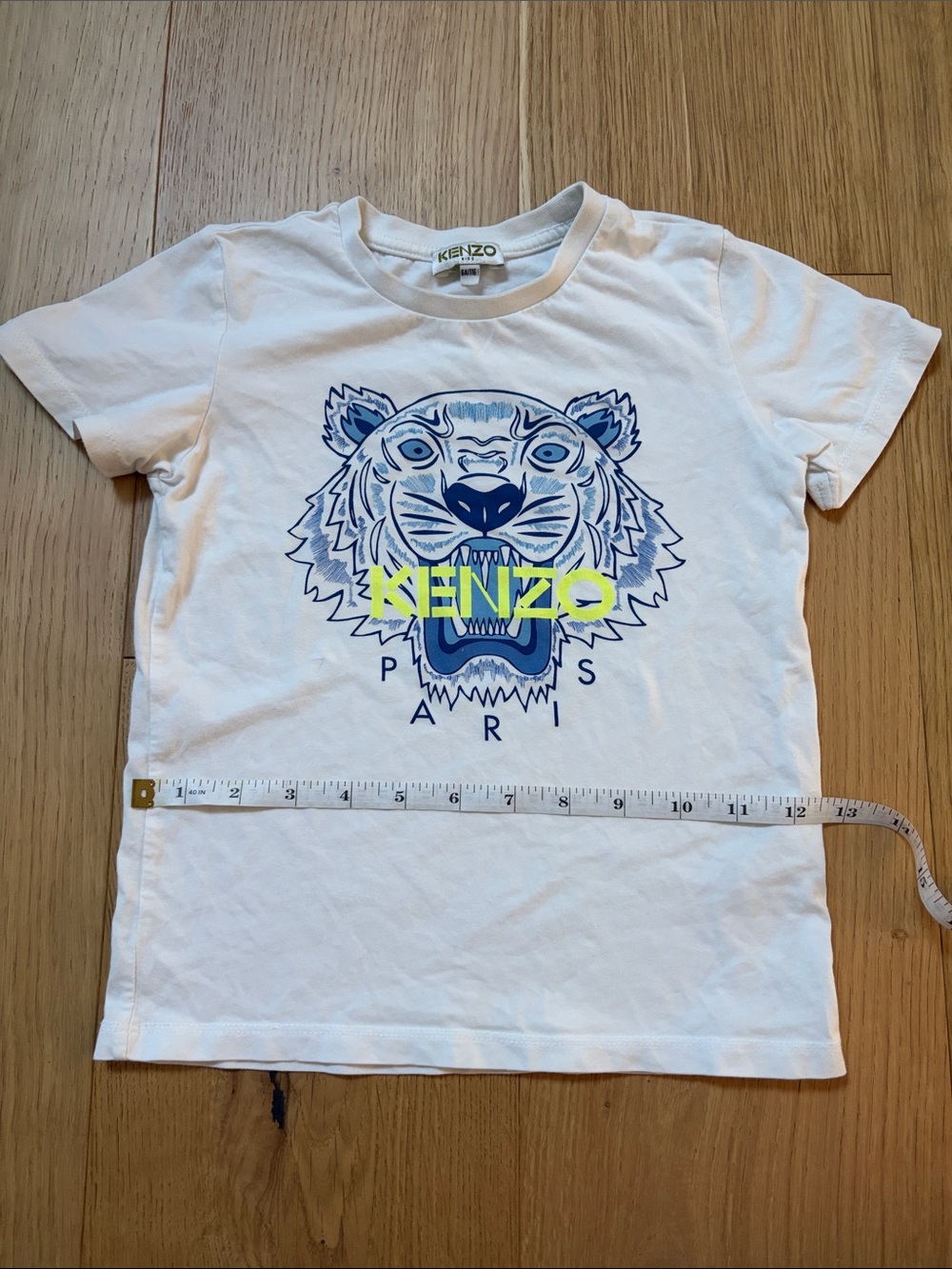 Kenzo White Tee with Blue Tiger and Neon Yellow Logo